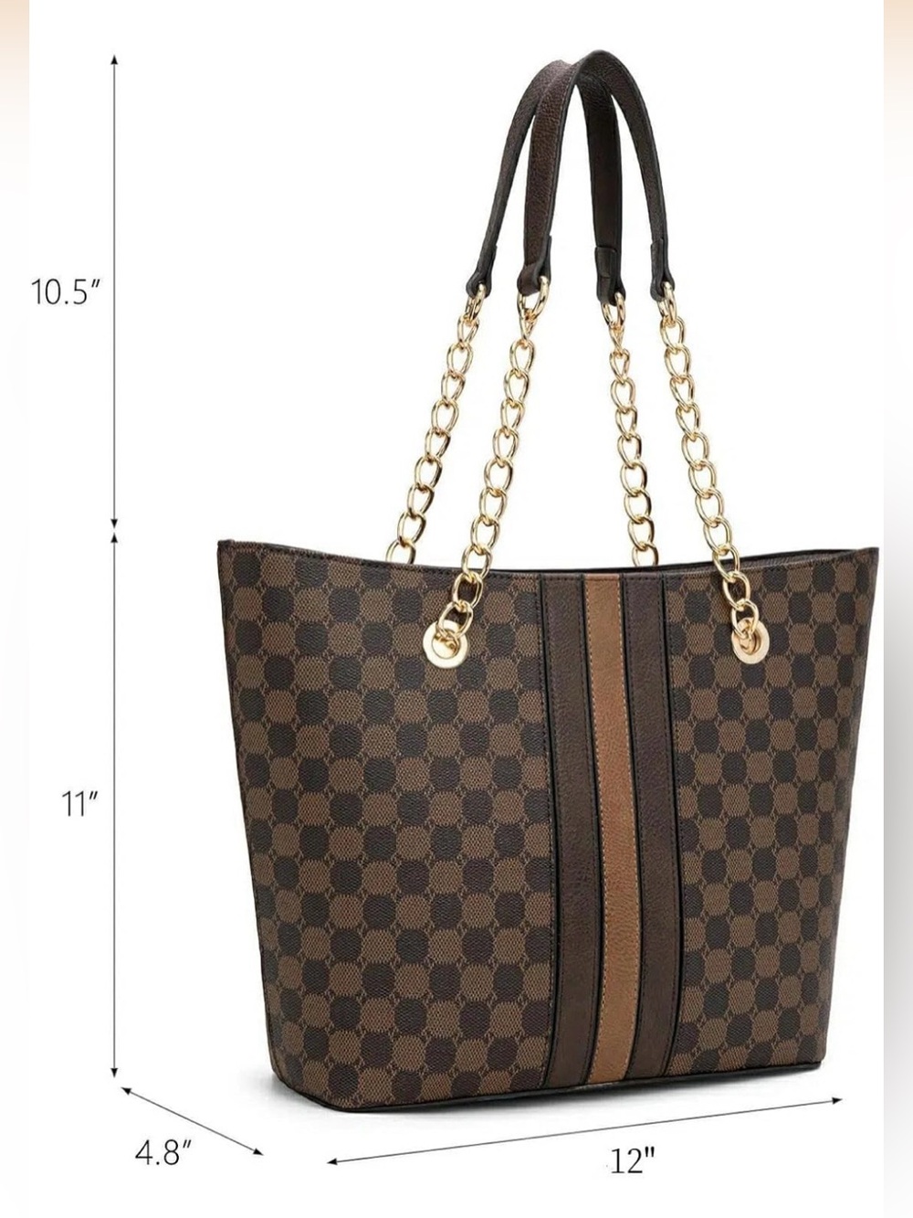 Montana West Classic Brown Patterned Tote Bag with Gold Chain Handles - Picture 2 of 4